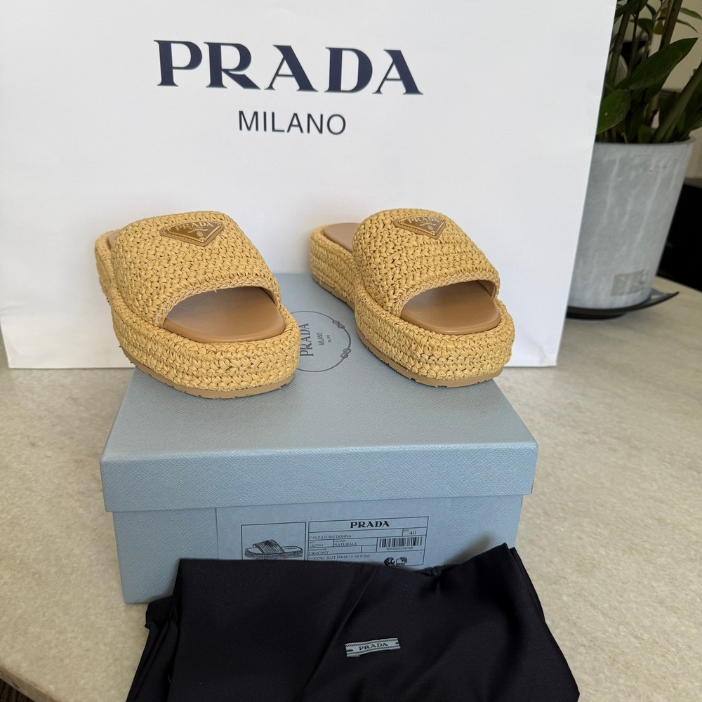 Prada 1XZ761 Crochet flatform slides Raffia Sandals, Women size 40 US 10) - Picture 3 of 16